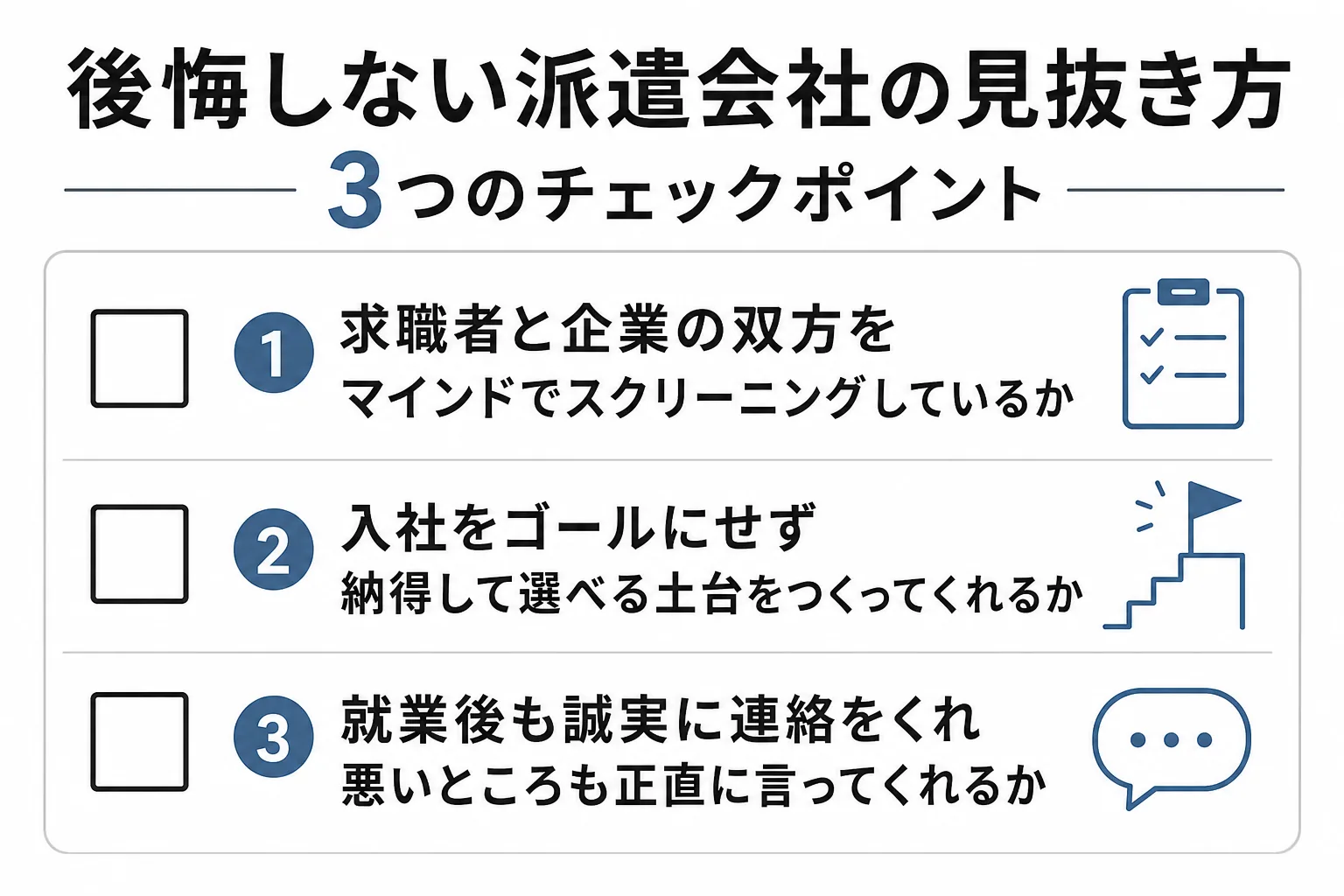 やめとけと言われない派遣会社を見抜く3つのチェックポイントを一覧にしたチェックリスト図